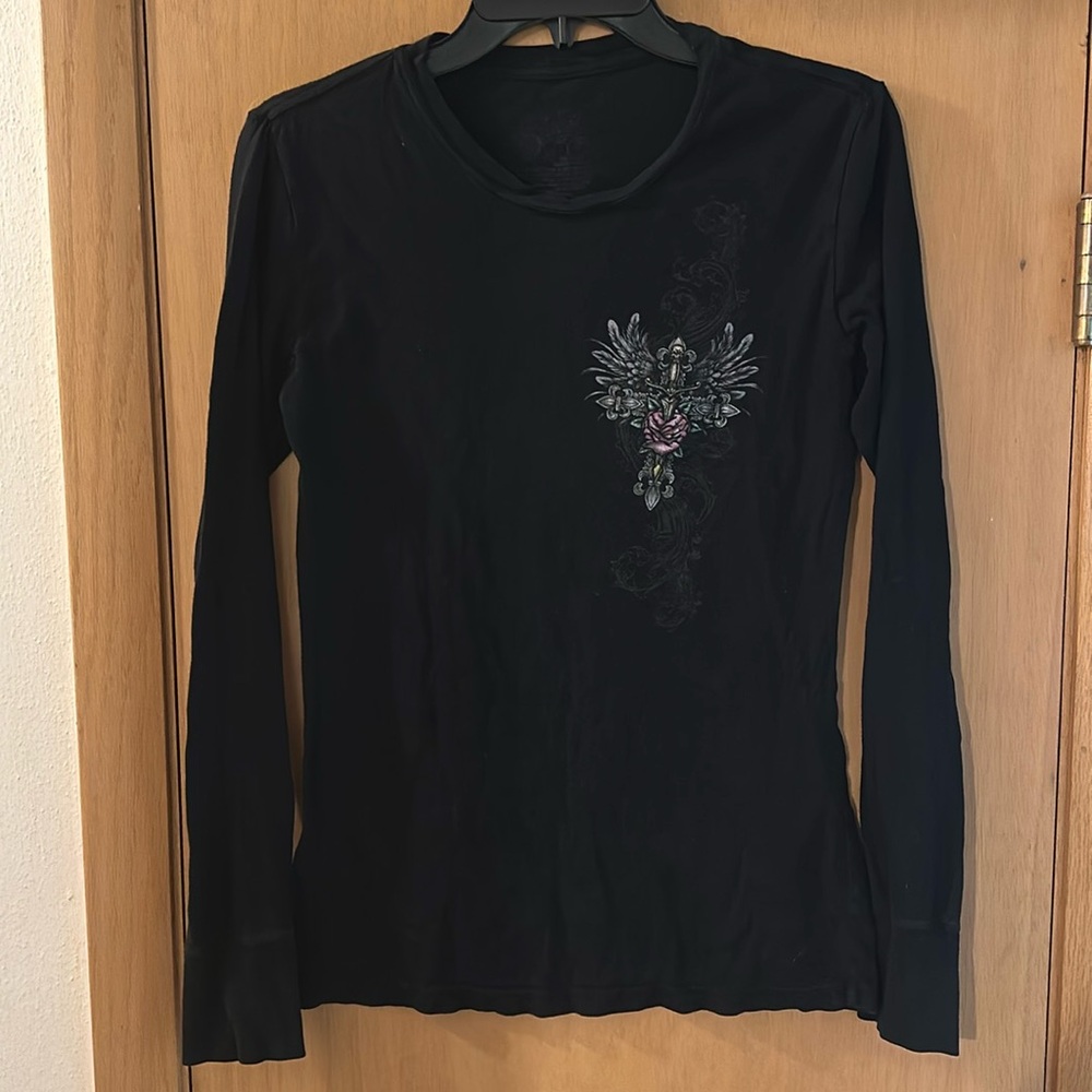 Stranded Women’s Long Sleeve Y2K Wings Tee T-Shirt Black Size Large